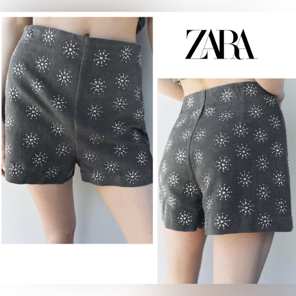 Zara ZW Collection gray linen blend silver tone stud sequin embellished shorts M - Picture 1 of 14
